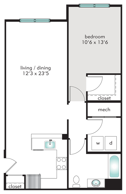 Floor plan for 1 bed, 1 bath, 808 sqft